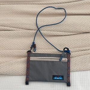 Kavu Gray Crossbody Pouch with Blue Cord and Patterned Trim